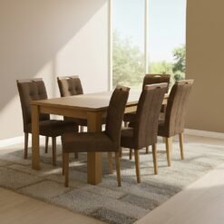 Mesa Athenas 180 Amêndoa Clean com 6 Cadeiras Sophia Veludo Marrom – LOPAS + WM DECOR