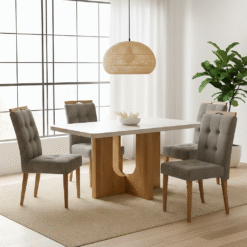 Mesa Dora 120 (Tampo 40 mm) Cinamomo/Off White com 4 Cadeiras Sophia Veludo Cinza Grafite – VALDEMÓVEIS + WM DECOR