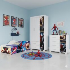 Guarda-Roupa 3 Portas Lívia 0,89 m + Cômoda 4 Gavetas com Sapateira Lívia + Cama Juvenil Carro Homem-Aranha 14 (Menino)