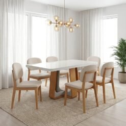 Mesa Sintonia (Tampo Maxi) 170 Amêndoa Clean/Off White com 6 Cadeiras Gaya Linho Bege 01 – LOPAS + J SILVA MÓVEIS