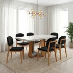 Mesa Sintonia (Tampo Maxi) 170 Amêndoa Clean/Off White com 6 Cadeiras Gaya Linho Preto 09 – LOPAS + J SILVA MÓVEIS