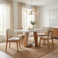 Mesa Sintonia (Tampo Maxi) 120 Amêndoa Clean/Off White com 4 Cadeiras Gaya Linho Bege 01 – LOPAS + J SILVA MÓVEIS