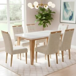 Mesa Kota/Dakota 160 Mel/Blonde Off White Com 6 Cadeiras Sophia linho Bege 200 – VIERO MÓVEIS + WM DECOR