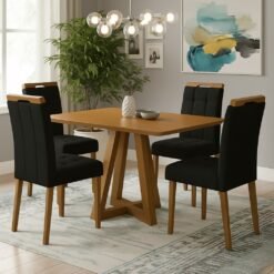 Mesa Alva ME02 120 Canela com 4 Cadeiras Sophia Veludo Preto – KAPPESBERG + WM DECOR