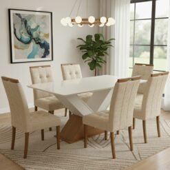 Mesa Amora BA35 160 Canela/Off White com 6 Cadeiras Sophia Linho Bege 200 – KAPPESBERG + WM DECOR