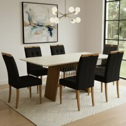 Mesa Damiana BA56 160 Canela/Off White com 6 Cadeiras Sophia Veludo Preto – KAPPESBERG + WM DECOR