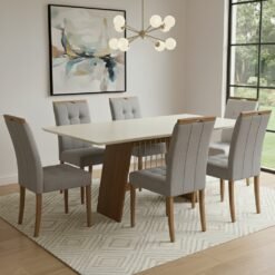 Mesa Damiana BA56 160 Canela/Off White com 6 Cadeiras Sophia Linho Cinza Grafite 202 – KAPPESBERG + WM DECOR