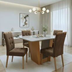Mesa Apogeu (Tampo Maxi) 120 Amêndoa Clean/Off White com 4 Cadeiras Sophia Veludo Marrom – LOPAS + WM DECOR