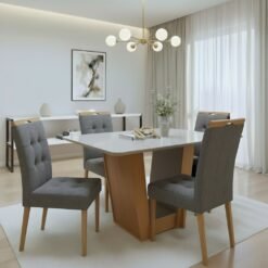 Mesa Apogeu (Tampo Maxi) 120 Amêndoa Clean/Off White com 4 Cadeiras Sophia Linho Cinza Grafite 202 – LOPAS + WM DECOR