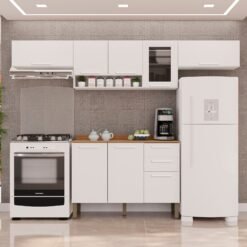 Kit 2 Armário Aéreo Geladeira + 1 Armário Aéreo Vidro Fumê + 1 Balcão New Valência Branco - SALLÊTO