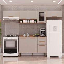 Kit 2 Armário Aéreo Geladeira + 1 Armário Aéreo Vidro Fumê + 1 Balcão New Valência Cinamomo/Off White - SALLÊTO