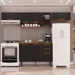 Kit 2 Armário Aéreo Geladeira + 1 Armário Aéreo Vidro Fumê + 1 Balcão New Valência Cinamomo/Preto - SALLÊTO