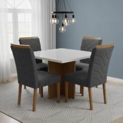 Mesa Salinas/Helô/Los Angeles 120 Cinamomo/Off White com 4 Cadeiras Safira Veludo Cinza Grafite – CEL MÓVEIS + WM DECOR