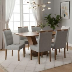 Mesa Classic 160 Cinamomo Laminado com 6 Cadeiras Sophia Linho Cinza Grafite 202 – CEL MÓVEIS + WM DECOR