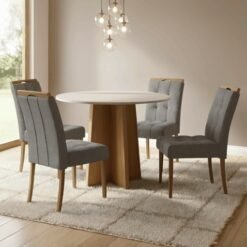 Mesa Redonda Celebrare 100 Amêndoa Clean/Off White com 4 Cadeiras Sophia Linho Cinza Grafite 202 – LOPAS + WM DECOR