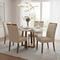 Mesa Pedro 120 Mel/Off White com 4 Cadeiras Sophia Linho Bege 200 – ART ASSENTOS + WM DECOR