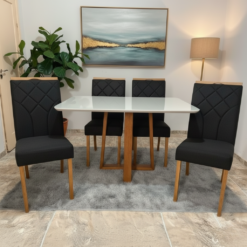 Mesa Pedro 90 Mel/Off White com 4 Cadeiras Stella Veludo Preto – ART ASSENTOS + CLEFATOS DECOR