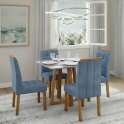 Mesa Bali 90 Cinamomo/Off White com 4 Cadeiras Sophia Veludo Azul – MINASPLAC + WM DECOR