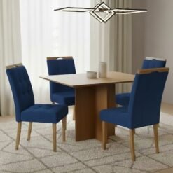 Mesa Pérola 120 Imbuia Mel (Tampo Viena s/vidro) com 4 Cadeiras Sophia Veludo Azul – CARVALHO DECOR + WM DECOR