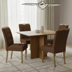 Mesa Pérola 120 Imbuia Mel (Tampo Viena s/vidro) com 4 Cadeiras Sophia Veludo Marrom – CARVALHO DECOR + WM DECOR