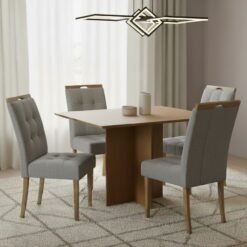 Mesa Pérola 120 Imbuia Mel (Tampo Viena s/vidro) com 4 Cadeiras Sophia Linho Cinza Grafite 202 – CARVALHO DECOR + WM DECOR