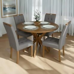 Mesa Redonda Simpatia 108 Cinamomo com 4 Cadeiras Sophia Veludo Cinza Grafite – JCM MOVELARIA + WM DECOR