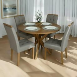 Mesa Redonda Simpatia 108 Cinamomo com 4 Cadeiras Sophia Linho Cinza Grafite 202 – JCM MOVELARIA + WM DECOR