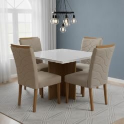 Mesa Salinas/Helô/Los Angeles 120 Cinamomo/Off White com 4 Cadeiras Safira Veludo Bege – CEL MÓVEIS + WM DECOR