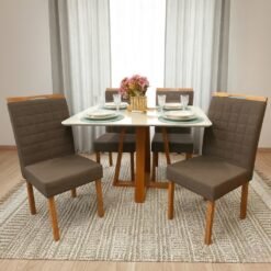 Mesa Pedro 120 Mel/Off White com 4 Cadeiras Pandora 01 Veludo Marrom 134 – ART ASSENTOS + CARVALHO DECOR