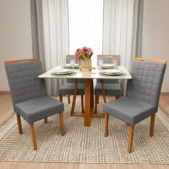 Mesa Pedro 120 Mel/Off White com 4 Cadeiras Pandora 01 Veludo Cinza Grafite 414 – ART ASSENTOS + CARVALHO DECOR