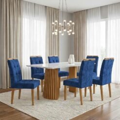 Mesa Nevada 170 (Tampo Smart Plus) Cinamomo/Off White com 6 Cadeiras Sophia Veludo Azul – CEL MÓVEIS + WM DECOR