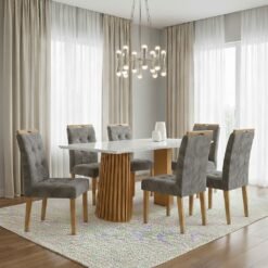 Mesa Nevada 170 (Tampo Smart Plus) Cinamomo/Off White com 6 Cadeiras Sophia Veludo Cinza Grafite – CEL MÓVEIS + WM DECOR
