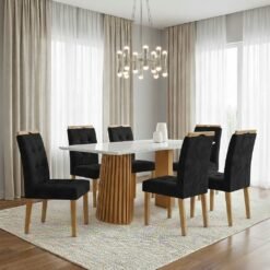 Mesa Nevada 170 (Tampo Smart Plus) Cinamomo/Off White com 6 Cadeiras Sophia Veludo Preto – CEL MÓVEIS + WM DECOR