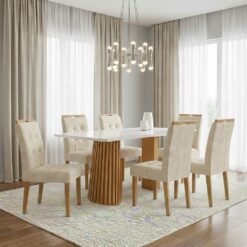 Mesa Nevada 170 (Tampo Smart Plus) Cinamomo/Off White com 6 Cadeiras Sophia Linho Bege 200 – CEL MÓVEIS + WM DECOR