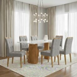 Mesa Nevada 170 (Tampo Smart Plus) Cinamomo/Off White com 6 Cadeiras Sophia Linho Cinza Grafite 202 – CEL MÓVEIS + WM DECOR