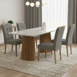 Mesa Nevada 120 (Tampo Smart Plus) Cinamomo/Off White com 4 Cadeiras Sophia Veludo Cinza Grafite – CEL MÓVEIS + WM DECOR