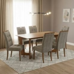Mesa Dubai 160 (Tampo Londres s/vidro) Cinamomo com 6 Cadeiras Sophia Veludo Cinza Grafite – CEL MÓVEIS + WM DECOR