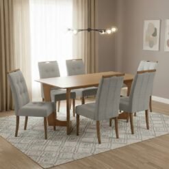 Mesa Dubai 160 (Tampo Londres s/vidro) Cinamomo com 6 Cadeiras Sophia Linho Cinza Grafite 202 – CEL MÓVEIS + WM DECOR