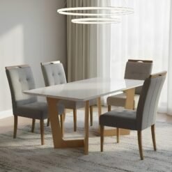 Mesa Dubai 120 (Tampo Londres) Cinamomo/Off White com 4 Cadeiras Sophia Linho Cinza Grafite 202 – CEL MÓVEIS + WM DECOR