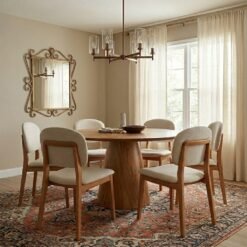 Mesa Redonda Malva 130 Mel com 6 Cadeiras Gaya Mel/Linho Bege 01 – J SILVA MÓVEIS