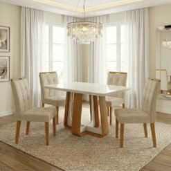 Mesa Sintonia (Tampo Maxi) 120 Amêndoa Clean/Off White com 4 Cadeiras Sophia Linho Bege 200 – LOPAS + WM DECOR