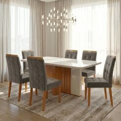 Mesa Astrid (Tampo Maxi) 170 Amêndoa Clean/Off White com 6 Cadeiras Sophia Veludo Cinza Grafite – LOPAS + WM DECOR