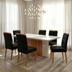 Mesa Astrid (Tampo Maxi) 170 Amêndoa Clean/Off White com 6 Cadeiras Sophia Veludo Preto – LOPAS + WM DECOR