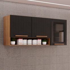 Armário Aéreo 3 portas Vidro Fumê New Valência Cinamomo/Preto - SALLÊTO