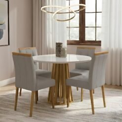 Mesa Redonda Berlim 100 Cinamomo/Off White com 4 Cadeiras Sophia Linho Cinza Grafite 206 – CEL MÓVEIS + WM DECOR