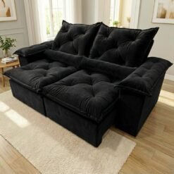 Sofá Retrátil e Reclinável Grécia 2,00 m Veludo Preto - QUINE ESTOFADOS