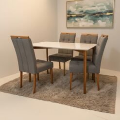 Mesa Ravena 120 Naturale/Off White com 4 Cadeiras Sophia Veludo Cinza Grafite – CLEFATOS DECOR + WM DECOR