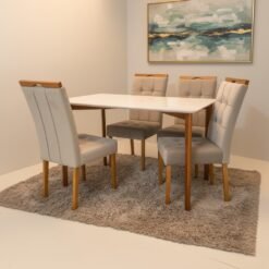 Mesa Ravena 120 Naturale/Off White com 4 Cadeiras Sophia Veludo Bege – CLEFATOS DECOR + WM DECOR