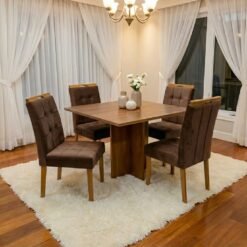 Mesa Salinas 90 (Tampo Londres s/ vidro) Cinamomo com 4 Cadeiras Sophia Veludo Marrom – CEL MÓVEIS + WM DECOR