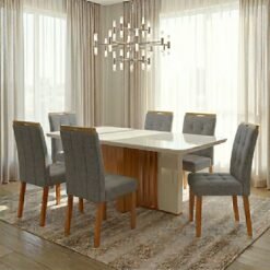 Mesa Astrid (Tampo Maxi) 170 Amêndoa Clean/Off White com 6 Cadeiras Sophia Linho Cinza Grafite 206 – LOPAS + WM DECOR